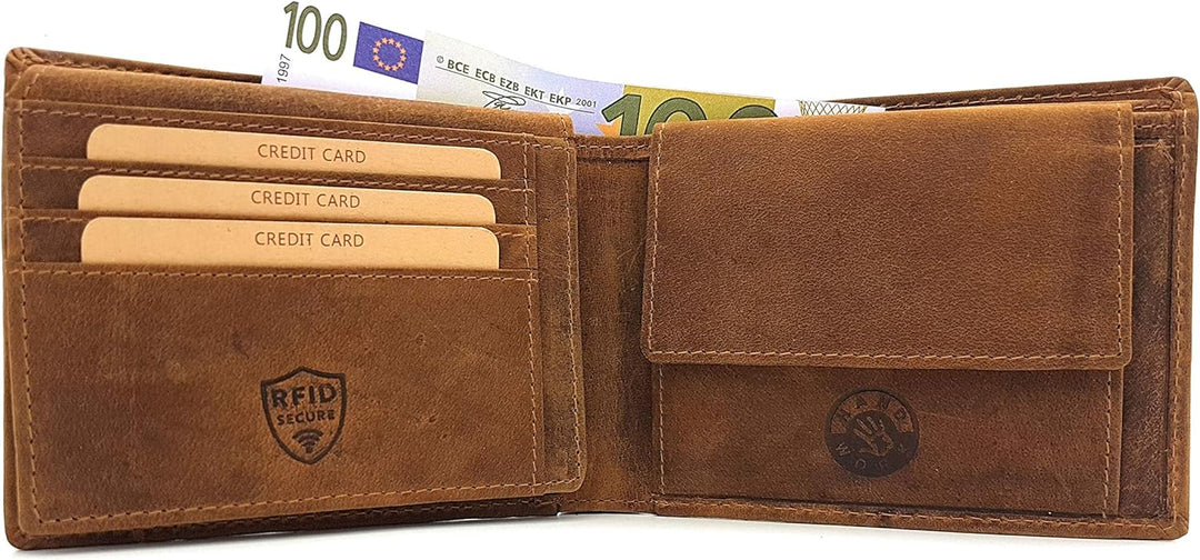 echt Büffel Voll-Leder Geldbörse für Männer, naturbelassenes Hunterleder Portemonnaie mit RFID NFC S