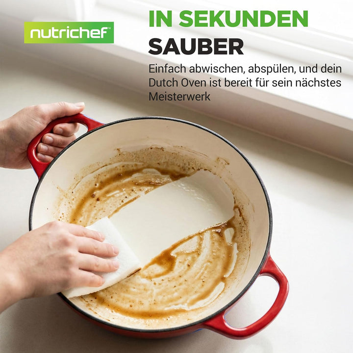 NutriChef Gusseisentopf zum Brotbacken 26 cm Dutch Oven Emailliert Rot – Mit Deckel und Griffen – In