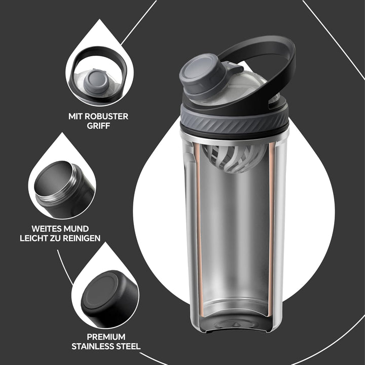 Ideus Shaker Trinkflasche 700ml (24oz)，Doppelwandig Edelstahl Sportflasche mit Mischkugel, Metall Ei