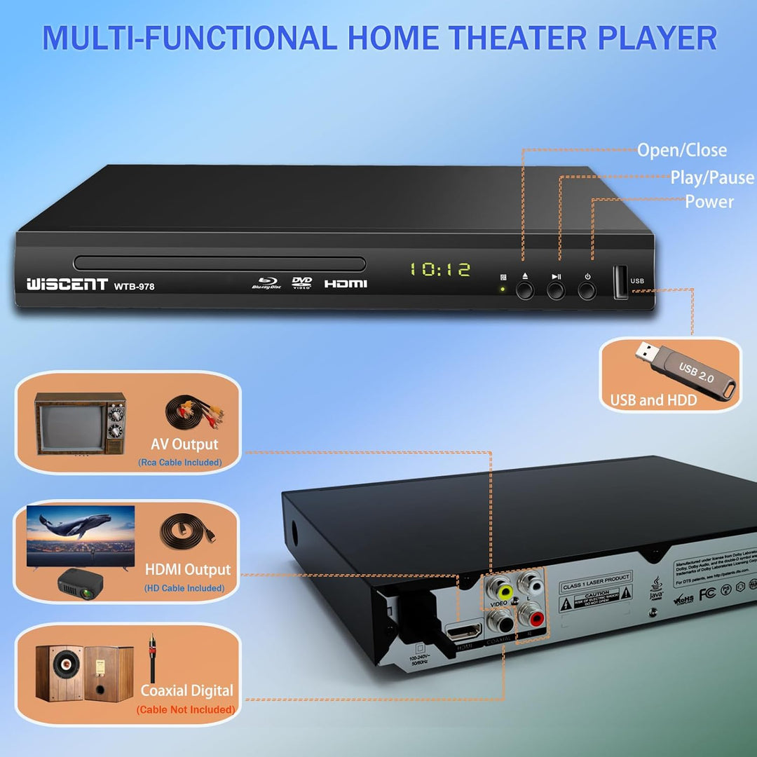 Blu-Ray Player für TV, WISCENT DVD Player mit Koaxial/HDMI/AV/Ausgang, USB-Eingang, Alle DVDs und Re