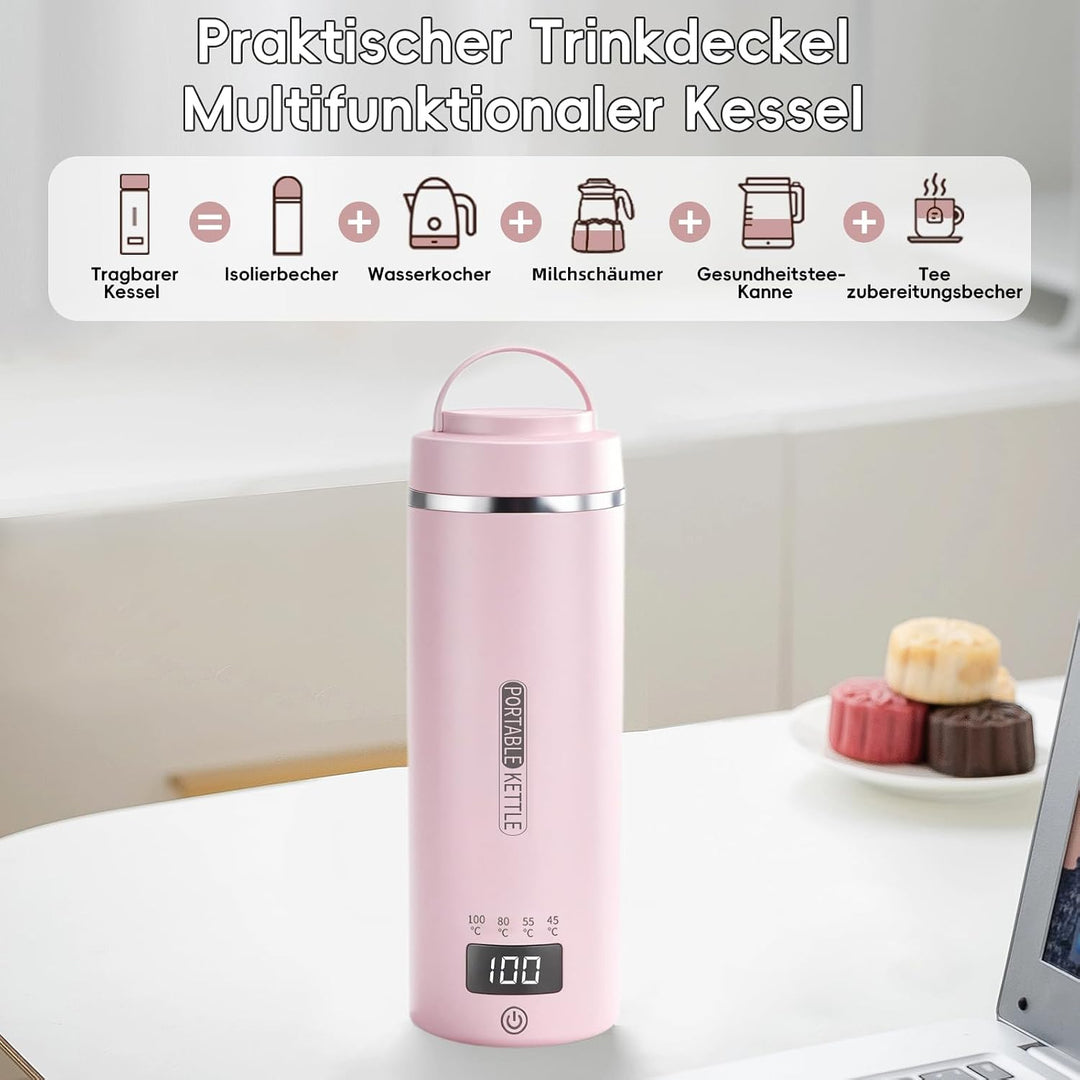 Tragbarer Reisewasserkocher 450 ml 4 Temperatureinstellungen Mini-Wasserkocher zum Anschliessen Edel