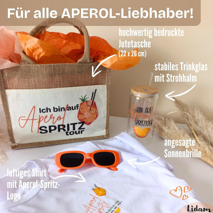 Aperol Spritz Geschenkset | Jutetasche mit Aperol T-Shirt Damen, Trinkglas mit Strohhalm | Sommer Ge