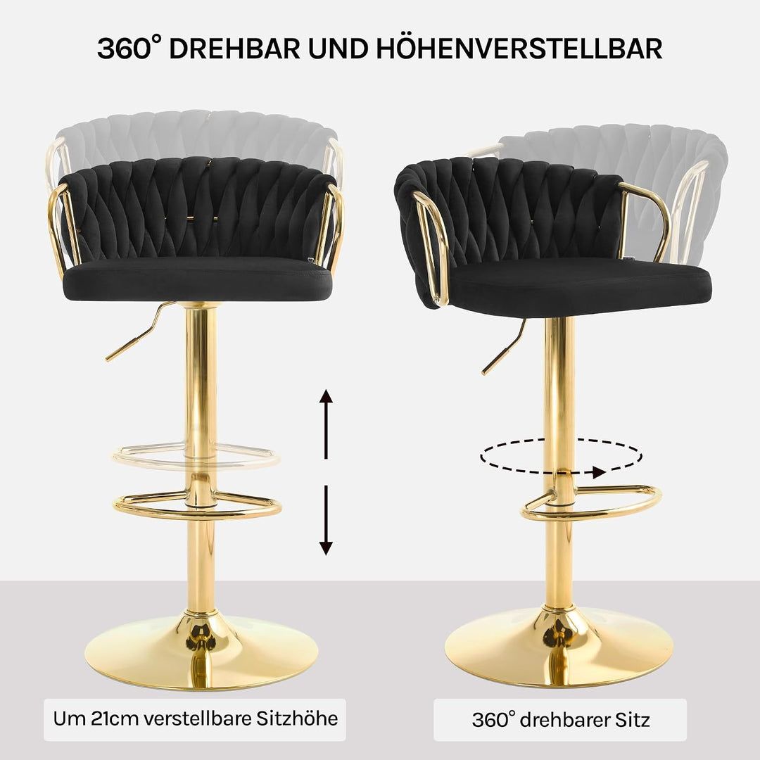 WOLTU Barhocker 2er Set, mit geflochtener Lehne, Samtstuhl, Schwarz