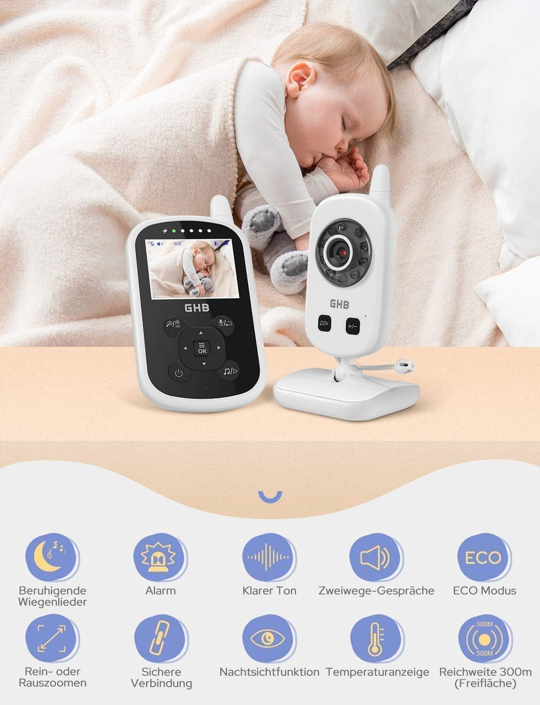 GHB Babyphone mit Kamera Baby Monitor mit ECO Modus Gegensprechen Gegensprechen Lange Akkulaufzeit N