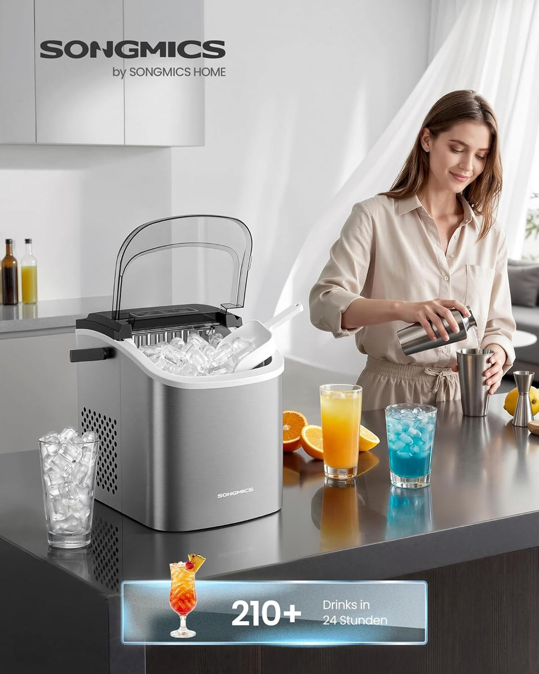 SONGMICS Eiswürfelmaschine, Eiswürfelbereiter, Eismaschine mit Selbstreinigung, in 6 Minuten 9 Würfe