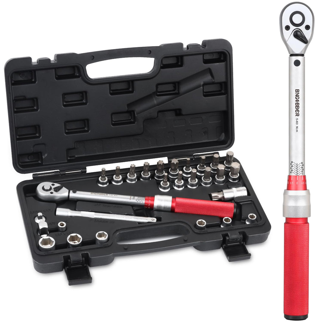 Drehmomentschlüssel 3/8”,5-60NM Drehmomentschlüssel Fahrrad & Motordad Auto Set mit viel Zubehör wi