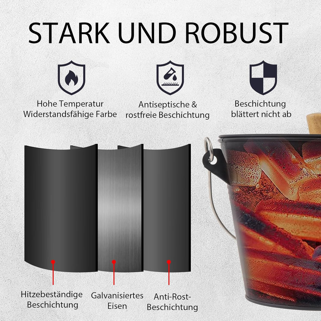 Ascheeimer mit Deckel 5 Liter, Reinigungsbürste, Schaufel,Zubehör für Kamine, Feuerstellen und Holzh