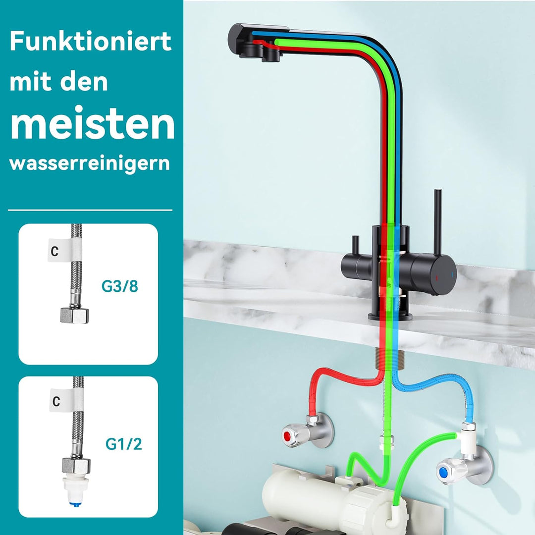 FORIOUS Wasserhahn Küche Schwarz, 3 Wege Wasserhahn Mischbatterie Küche, Zweigriffige Edelstahl-Spül