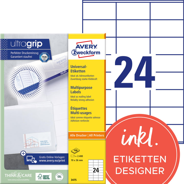 AVERY Zweckform 3475 Adressaufkleber (2.400 Klebeetiketten, 70x36mm auf A4, Papier matt, bedruckbare
