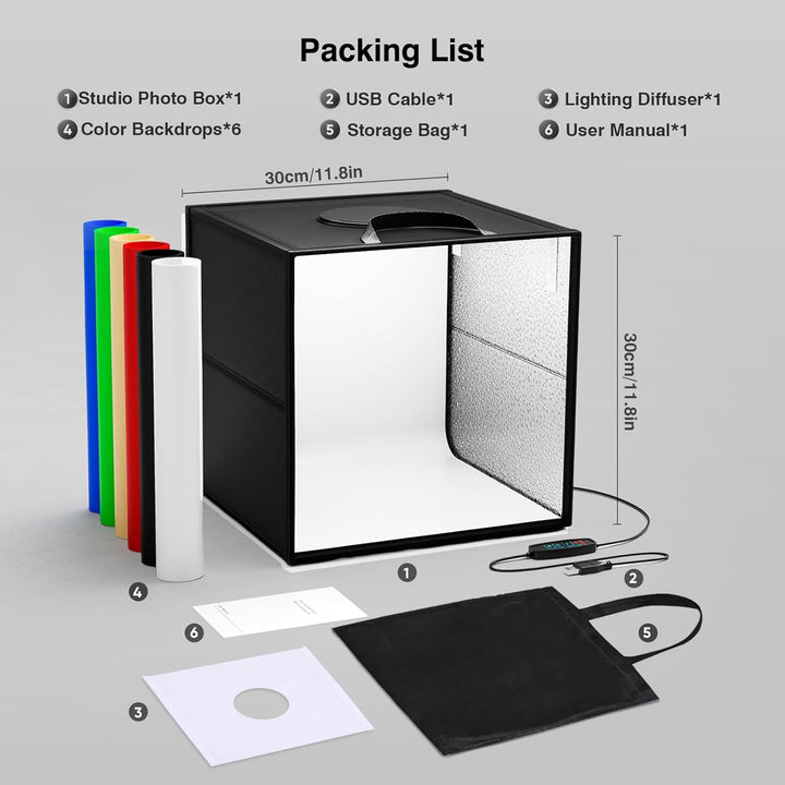 Fotobox 30CM, 3 Farbtemperatur Einstellbare Lichtbox zum Fotografieren,Tragbares Faltbares Mini Foto