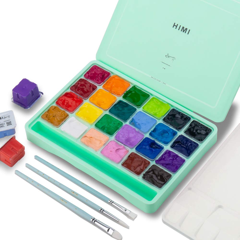 HIMI Gouache-Farbenset, 24 Farben x 30 ml, einzigartiges Geleebecher-Design mit 3 Malpinseln und ein