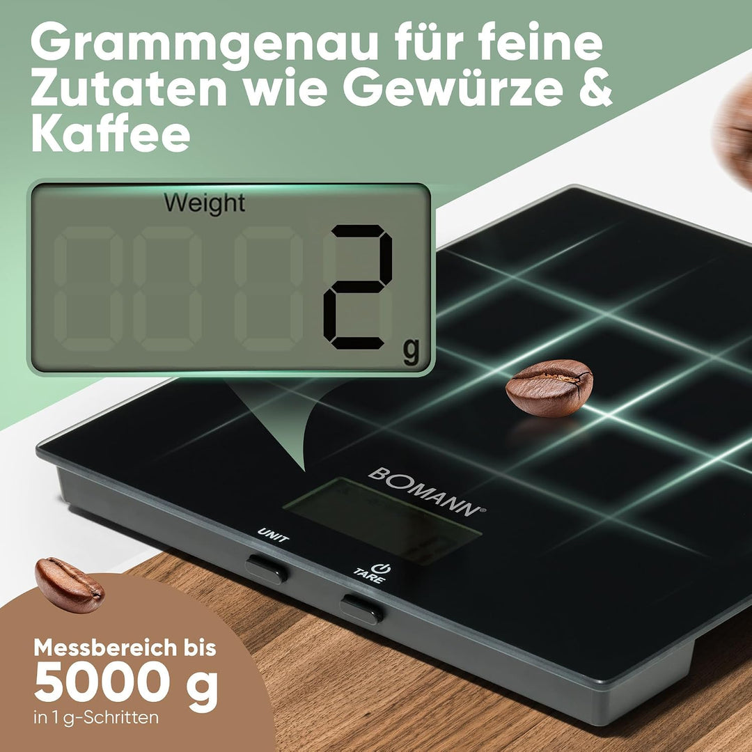 Bomann Küchenwaage digital | hohe Präzision | 1g Schritte | bis zu 5kg | Zuwiegefunktion | stabiles
