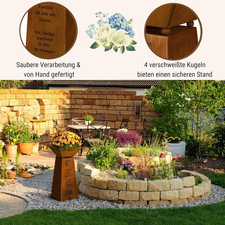 Rostikal Pflanzsäule 72 cm - Dekorative Gartensäule aus Metall - inkl. Blumenschale und Familienspru