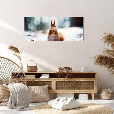 Panorama Bilder auf Leinwand 100x40cm Leinwandbild Eichhörnchen Winter Schnee Essen Gross Wanddeko B