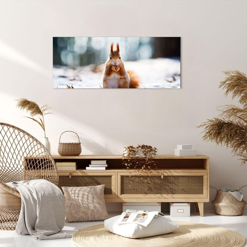 Panorama Bilder auf Leinwand 100x40cm Leinwandbild Eichhörnchen Winter Schnee Essen Gross Wanddeko B