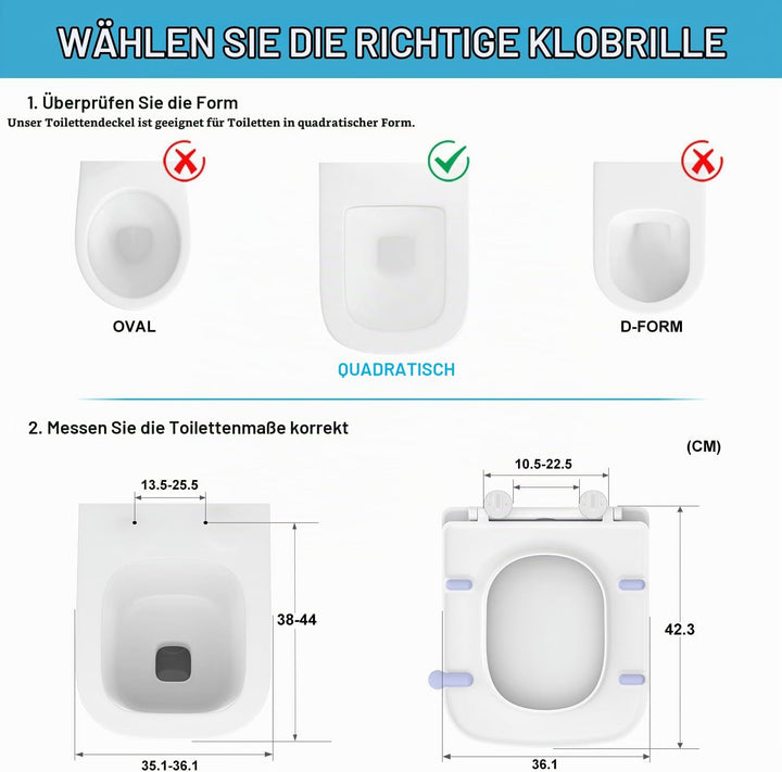 WC Sitz mit Absenkautomatik Eckig | Toilettendeckel Duroplast Weiss | Klobrille mit Schnellverschlus