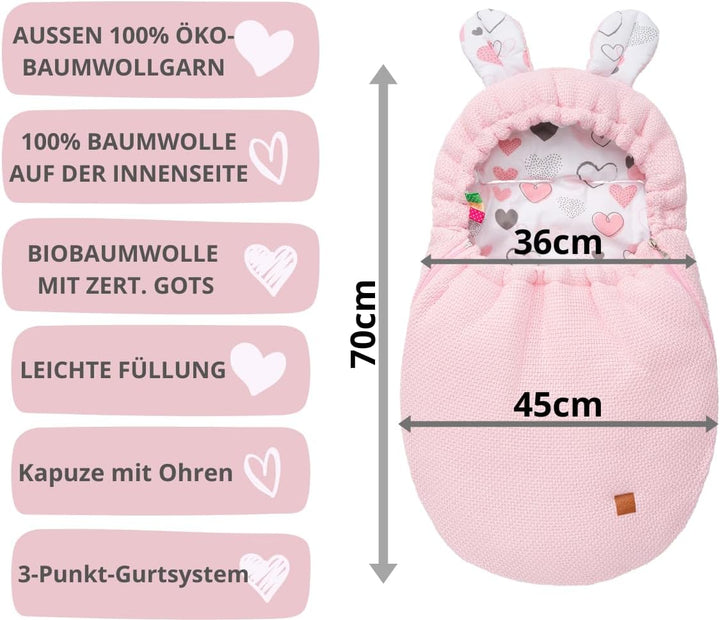 Mikos Einschlagdecke Babyschale Herbst Winter, Baby Fusssack mit Zip 100% Baumwolle GOTS Zert. Stric