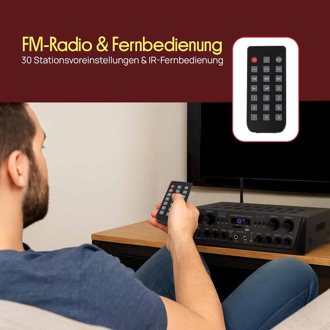 Pyle Bluetooth Stereo Verstärker 500W – 4-Kanal Mini Receiver mit USB, AUX, FM-Radio, Subwoofer RCA