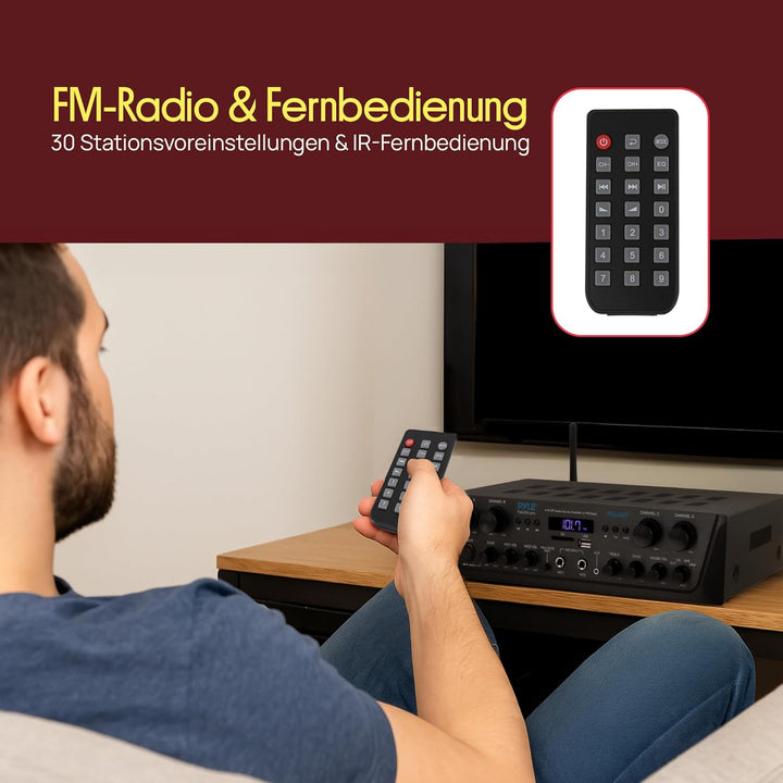 Pyle Bluetooth Stereo Verstärker 500W – 4-Kanal Mini Receiver mit USB, AUX, FM-Radio, Subwoofer RCA