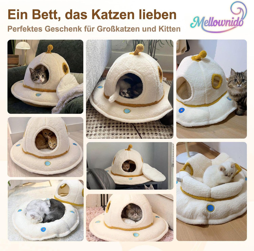 Katzenbett für grosse Katzen, 2-in-1 UFO Katzenhöhle Indoor | Weiches Sherpa-Material, abnehmbares w