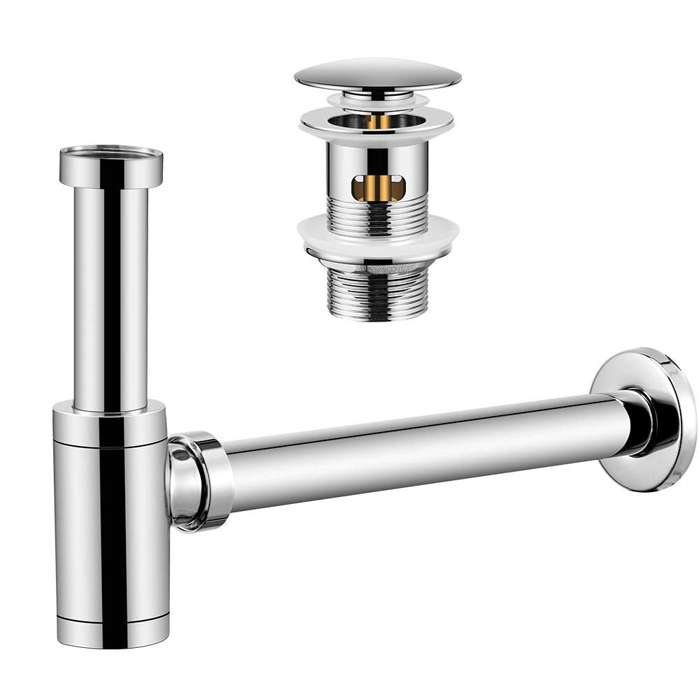 Wasserrhythm Universal Siphon mit Ablaufgarnitur für Waschbecken und Waschschalen mit Überlauf, Chro