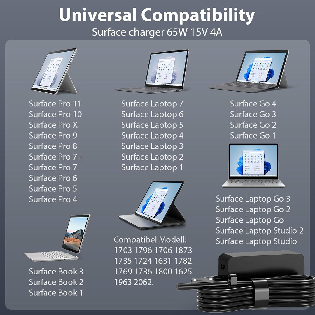65W Surface Ladekabel 15V 4A Microsoft Ladegerät Netzteil für Surface Pro 11/X/10/9/8/7/ 7+/6/5/4/3,