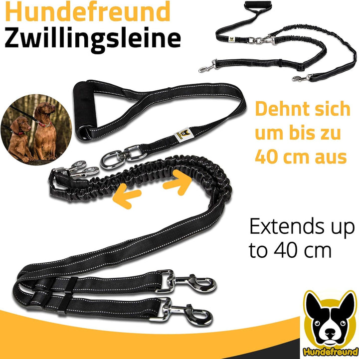Zwillingsleine - Hundeleine für 2 grosse Hunde ab 20 kg - Doppelleine dehnbar reflektierend 150 bis