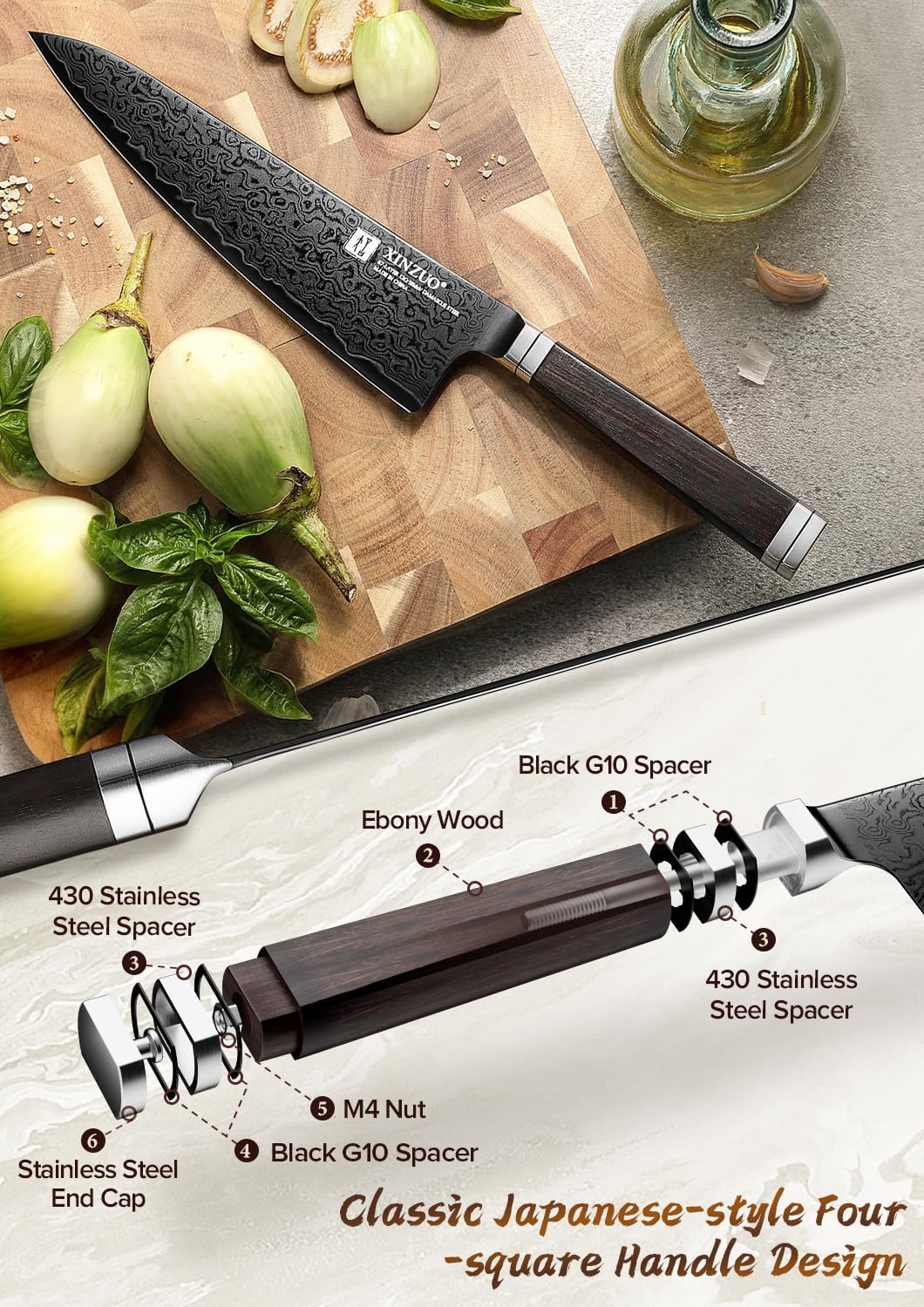 XINZUO 21cm Kochmesser Damastmesser -Schwarze Klinge -Handgeschmiedet 67 Schichten Damaststahl Chefm