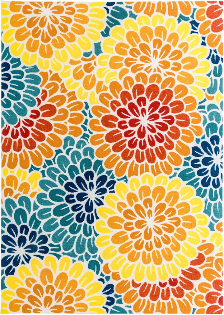 DECOMALL Sunshine Outdoor Teppich Wetterfest, Florale Teppich UV-beständig, Bunte Blumen Aussenteppi