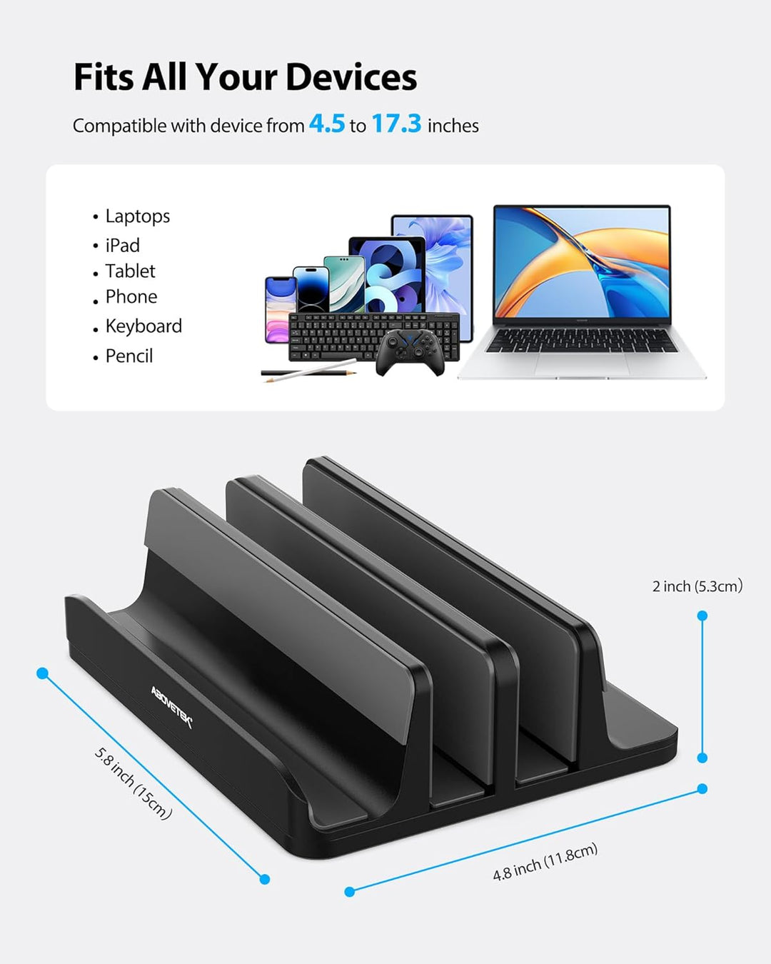 AboveTEK Vertikaler Laptopständer, Laptophalter für Laptop bis zu 17,3 ", 4 in 1, 3 Steckplätze Anti