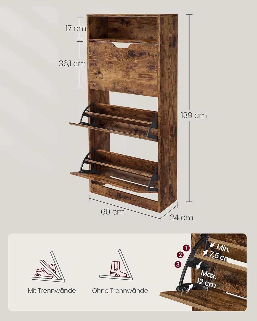 VASAGLE Schuhschrank 3 Klappen, Schuhkipper, Schuhregal, Schuhaufbewahrung, offenes Fach, Trennwand