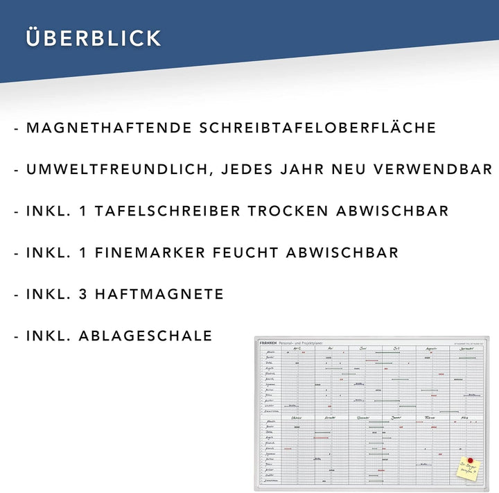 FRANKEN Personal- & Projektplaner über 12 Monate mit 24 Positionen, lackiert, magnetisch, beschreibb