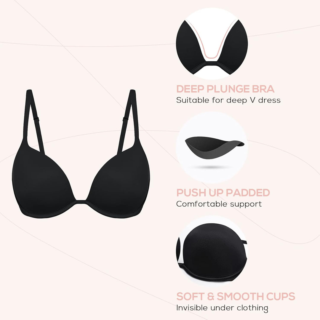 DOBREVA Damen Push Up Bügel BH Tiefer Ausschnitt Plunge Gepolstert T Shirt BHS 75E Beige, 75E Beige