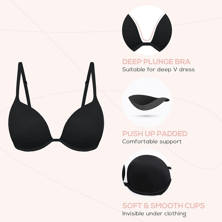 DOBREVA Damen Push Up Bügel BH Tiefer Ausschnitt Plunge Gepolstert T Shirt BHS 75E Beige, 75E Beige