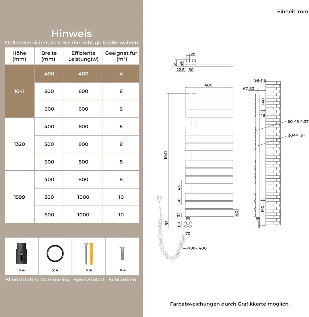 S'AFIELINA Badheizkörper Elektrisch 1041×400mm Anthrazit, 400W Handtuchheizkörper Elektrisch mit The