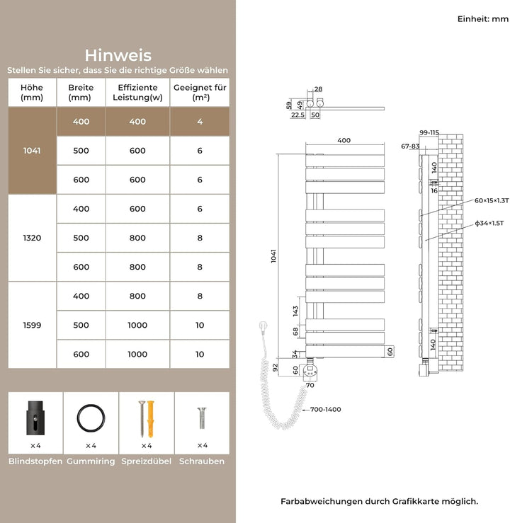 S'AFIELINA Badheizkörper Elektrisch 1041×400mm Anthrazit, 400W Handtuchheizkörper Elektrisch mit The