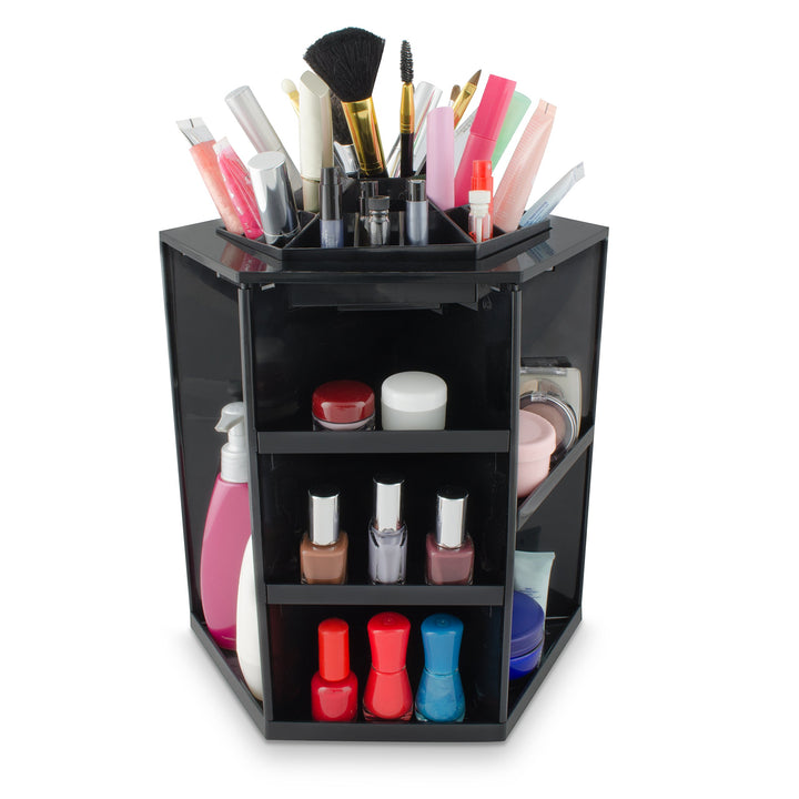 Grinscard Kosmetik Organizer Drehbar - Schwarz 32 x 27 x 27 cm - Kosmetikständer Make-up Aufbewahrun