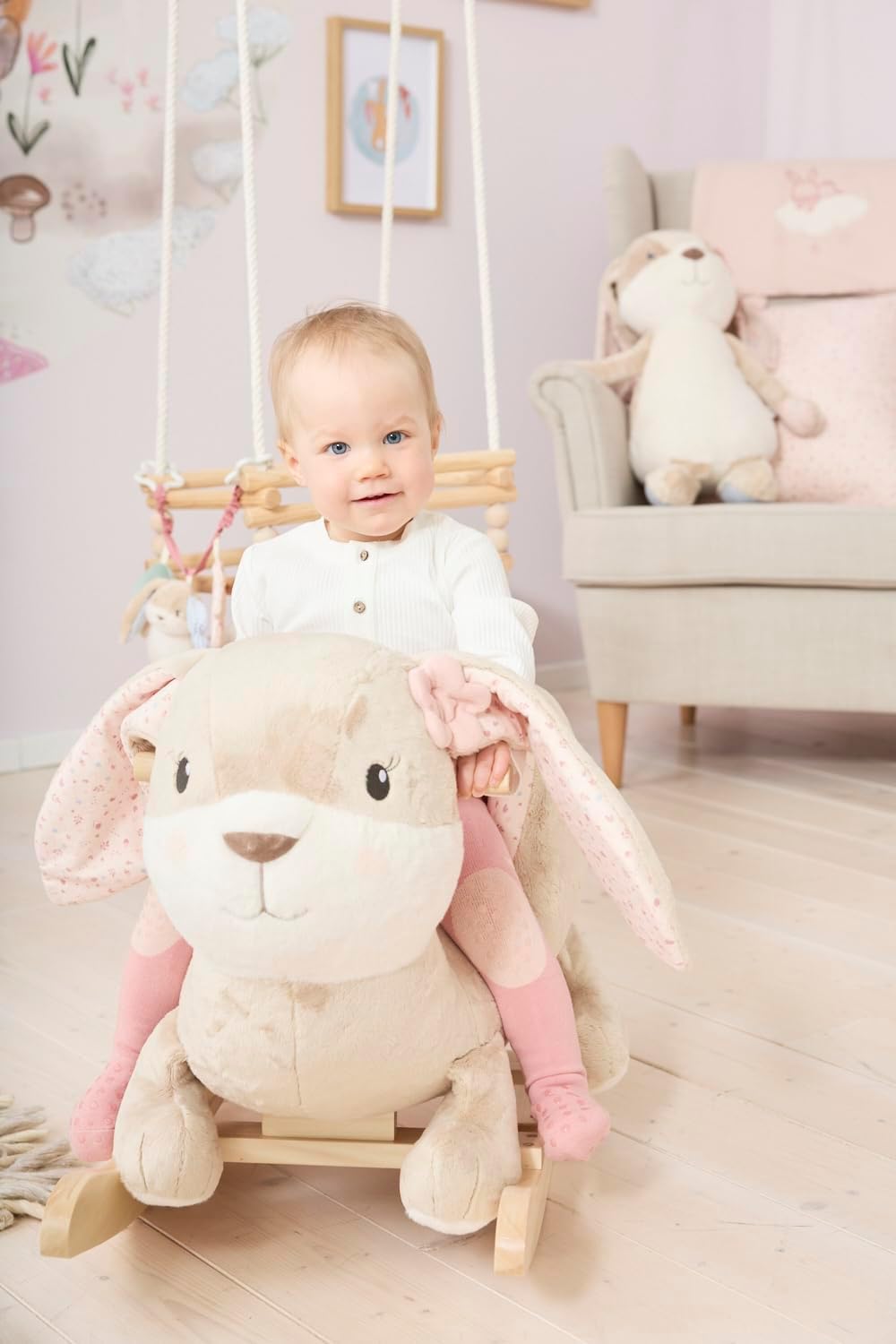 Sterntaler Schaukeltier Hase Hanni - Schaukelpferd aus Flausch &amp; Holz - weiche Sitzfläche - Spielzeu