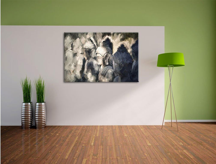 Pixxprint Buddha-Statuen in Einer Reihe / 100x70cm Leinwandbild bespannt auf Holzrahmen/Wandbild Kun