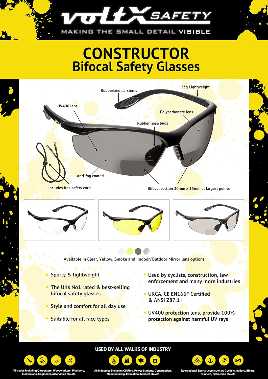 voltX 3 x Constructor' BIFOKALE Schutzbrille mit Lesehilfe (+1.5 Dioptrie klare, gelbe & rauchgraue