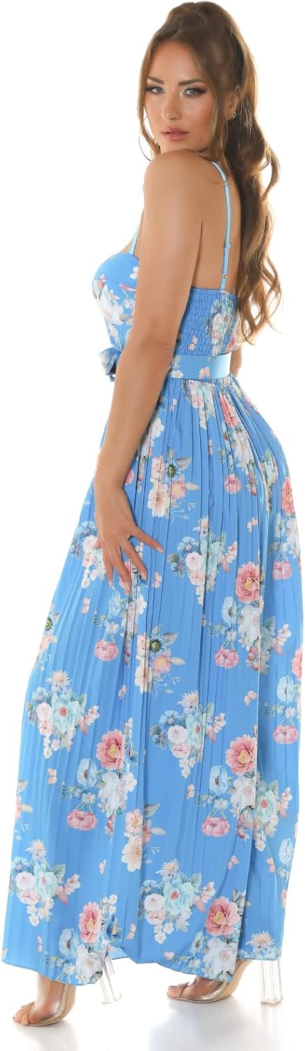 Koucla Flower Printed Plissee Extreme Marlene Jumpsuit Overall mit Gürtel Einheitsgrösse Blau, Einhe