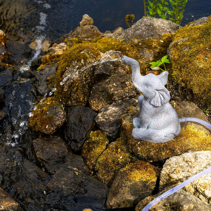 Esotec Solar Wasserspeier Set sitzender Elefant LUMI, H=17,5cm, Wasserspiel mit Teichpumpe 250l/h, S