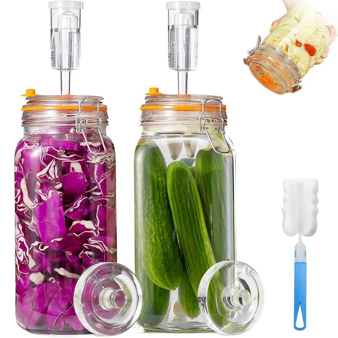 Fermentierglas 2 Stück 2L, Fermentationsglas mit Gärventi & Gewicht, Kimchi Behälter, Gärglas für Sa