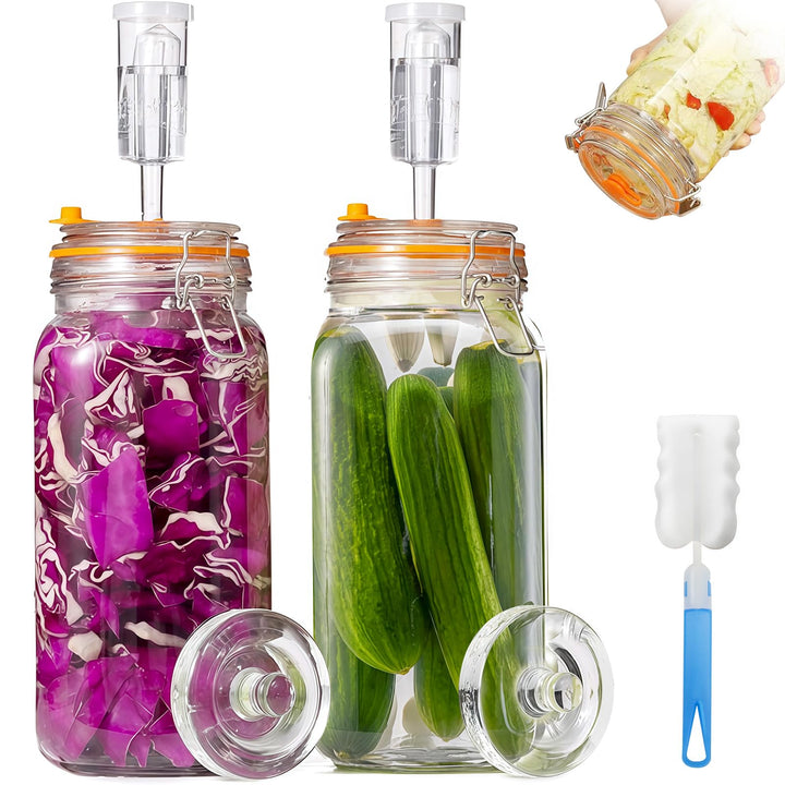 Fermentierglas 2 Stück 2L, Fermentationsglas mit Gärventi & Gewicht, Kimchi Behälter, Gärglas für Sa