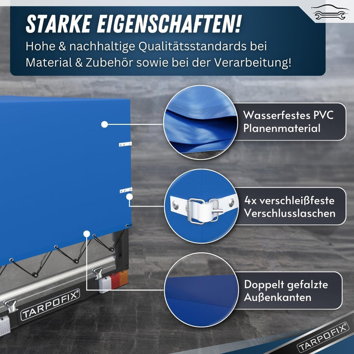 Tarpofix® Anhänger Hochplane 209x114x65 cm inkl. Planenseil - randverstärkte &amp; robuste Stema Anhänge