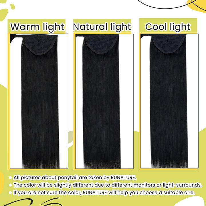 RUNATURE Pferdeschwanz Haarteil Echthaar Schwarz Echte Haare 35cm Lang Ponytail Extension Zopf Gerad
