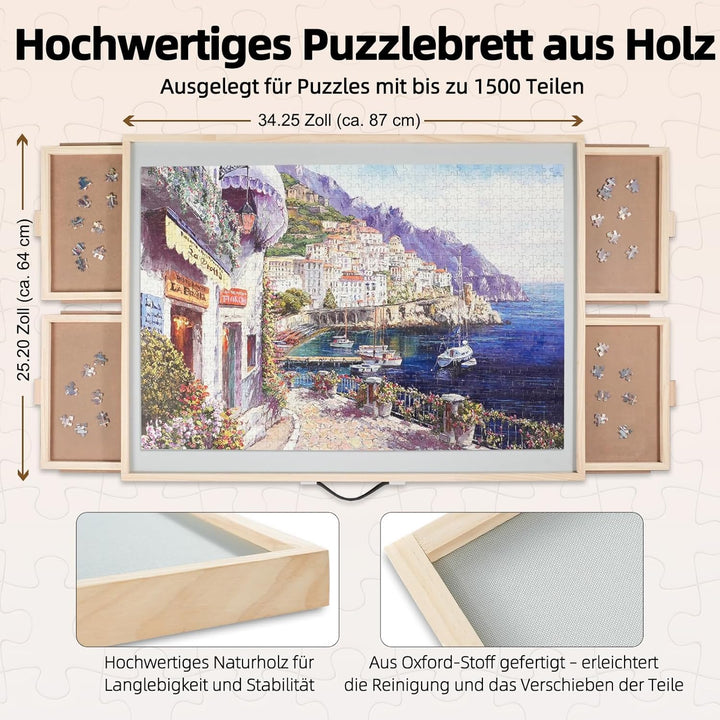 1500 Teile 2-in-1 Neigbares & Drehbares Puzzle-Brett für Erwachsene, Holz-Puzzleschreibtisch mit 4 S