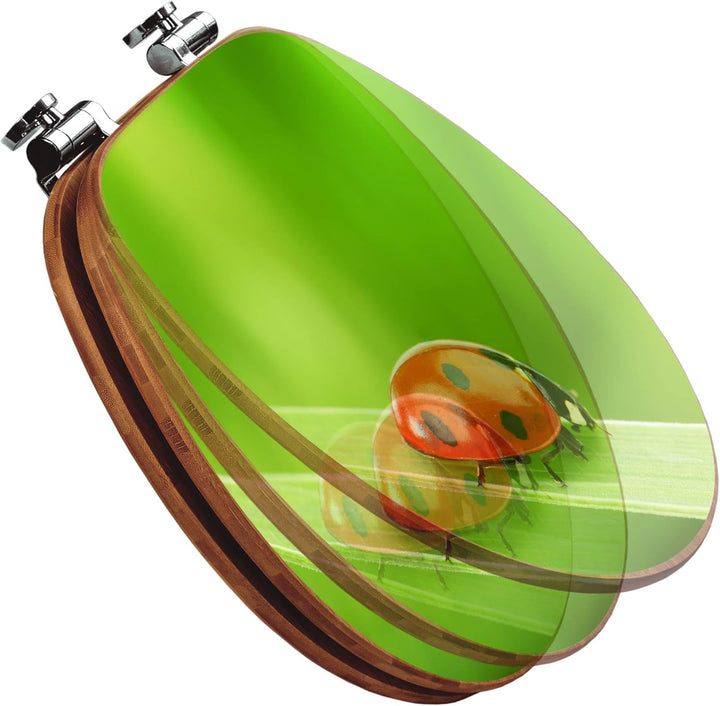 banjado® Design WC Sitz Bambus Absenkautomatik mit Motiv Marienkäfer/Toilettendeckel mit Absenkautom