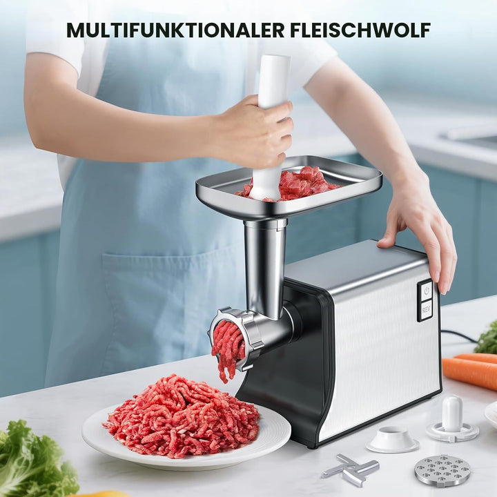 Fleischwolf elektrisch 2800 W aus Edelstahl mit 3 Messern, 3 Schleifscheiben, automatischer Rücklauf