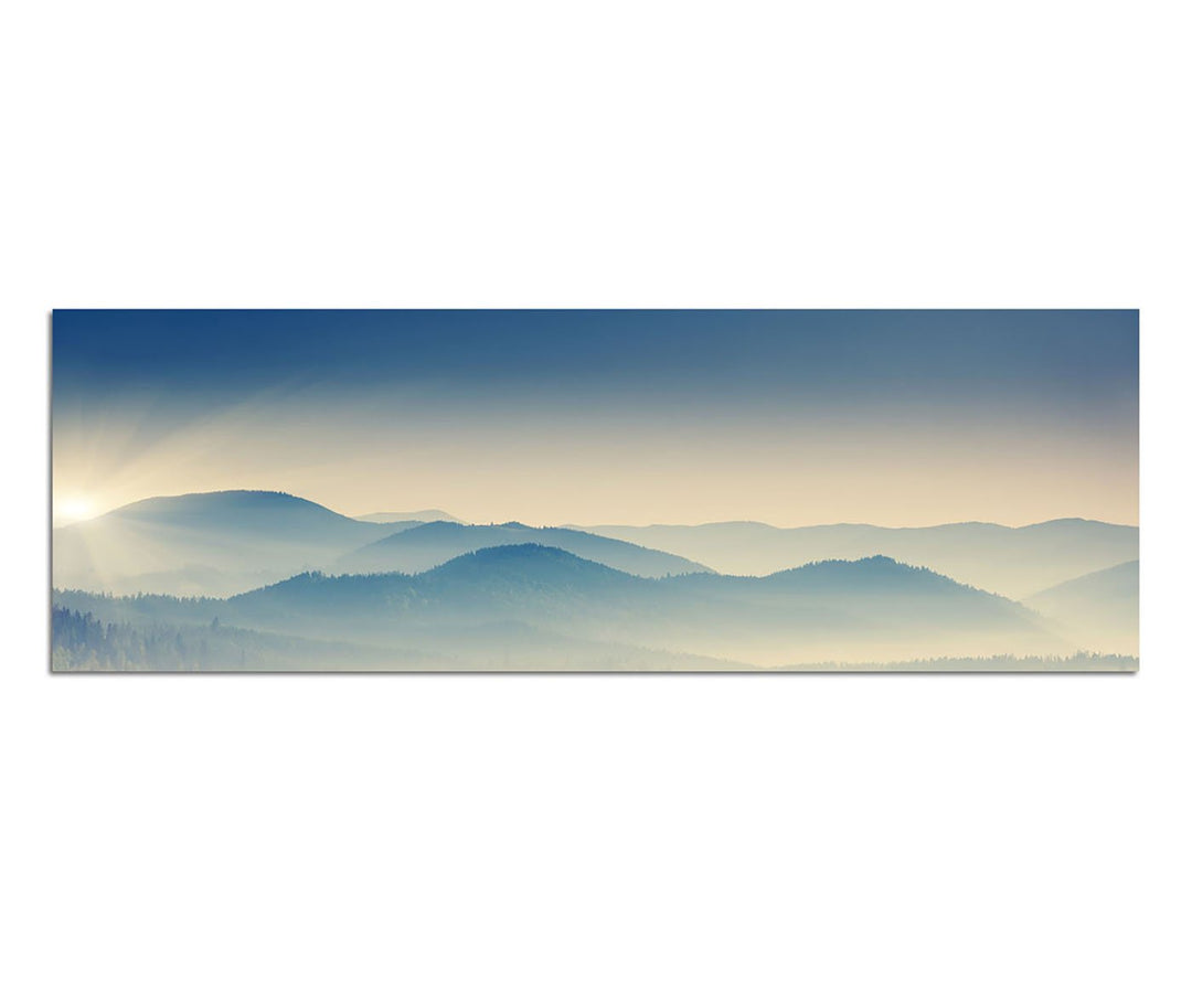 Paul Sinus Art Panoramabild auf Leinwand und Keilrahmen 150x50cm Ukraine Berge Wald Nebel Sonnenaufg